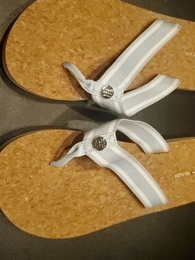 Tommy Hilfiger Light Blue and White Striped Cork-Style Flip Flop Sandals